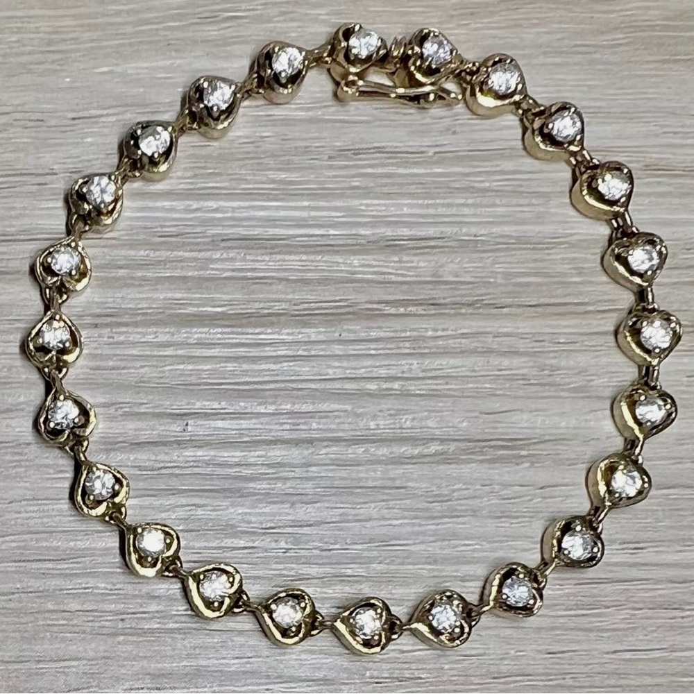Vintage Gold Over Sterling Silver Cubic Zirconia Heart Tennis Bracelet, 7.5" - Picture 2 of 5